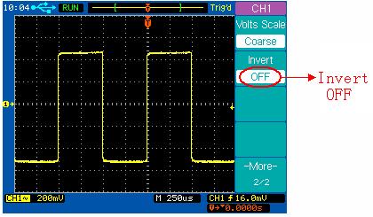 Vertical Invert Press CH1 More 1/2 Invert to set Invert on or off. When Invert is turned on, the voltage values of the displayed waveform are inverted.