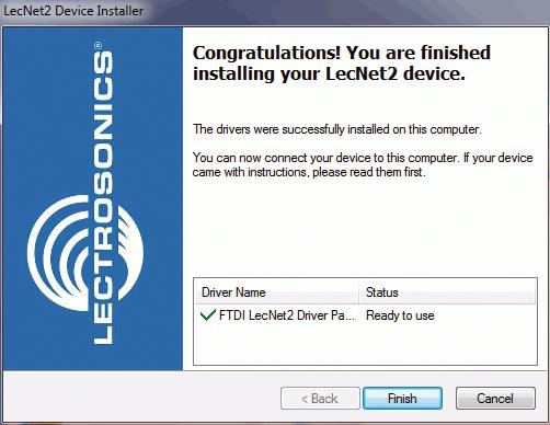 The drivers are installed from the CD. When installation is complete, the final page of the installer will appear. The Driver Name and Status are displayed. Click on Finish to close the installer.