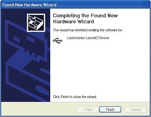 5. When the driver installation is complete, the final page of the Wizard appears. Click Finish to complete the LecNet2 US driver installation. 2. Windows discovers the previously installed US driver.