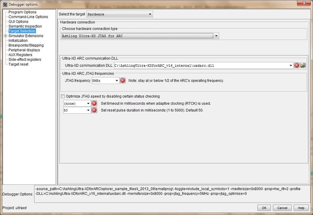 Figure 10.MetaWare Debugger: Target Selection 4. Next select the Ultra-XD communication DLL by browsing to the installation directory and selecting UXDARC.DLL 5.
