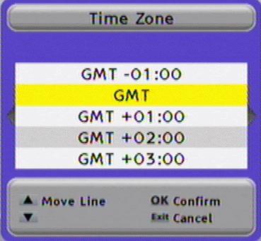 Time Zone: In order to the receiver is able to display the correct time and adjust the timer recordings correctly, it is needed to fix the time zone to the place you live.