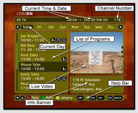 6 Electronic Program Guide The Electronic Program Guide gives you details of all broadcast programs (if available) up to seven days in advance.