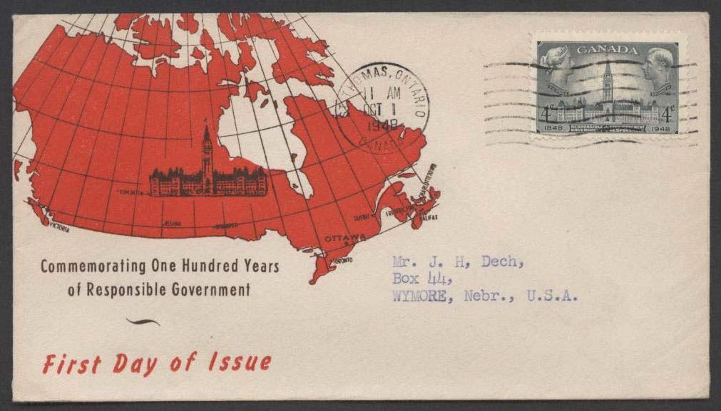 FDC No.: 277.202.01 (Baron #15) Litho Art Description: This cachet features a large map of Canada with the capital cities shown. The Parliament Buildings are superimposed on the Prairie Provinces.
