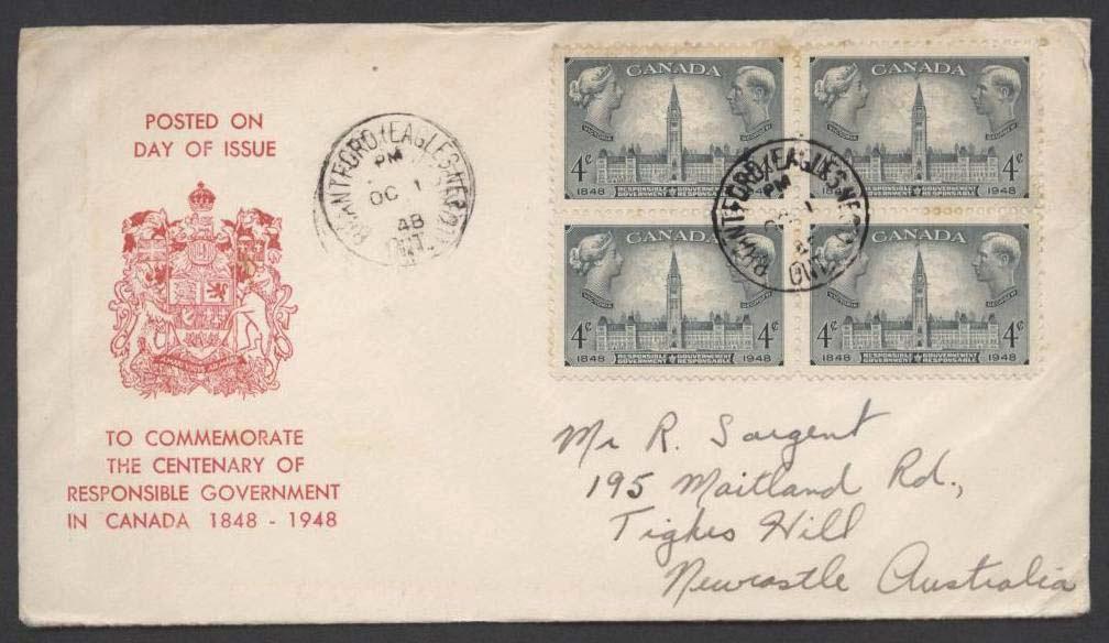 FDC No.: 277.301 (Baron #7) Unknown Description: Here is a red cachet featuring Canada s Coat of Arms.