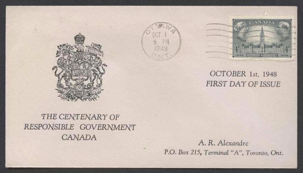 FDC No.: 277.303 (Baron #17) A. R. Alexandre Description: The Canada Coat of Arms is again shown on this black cachet.