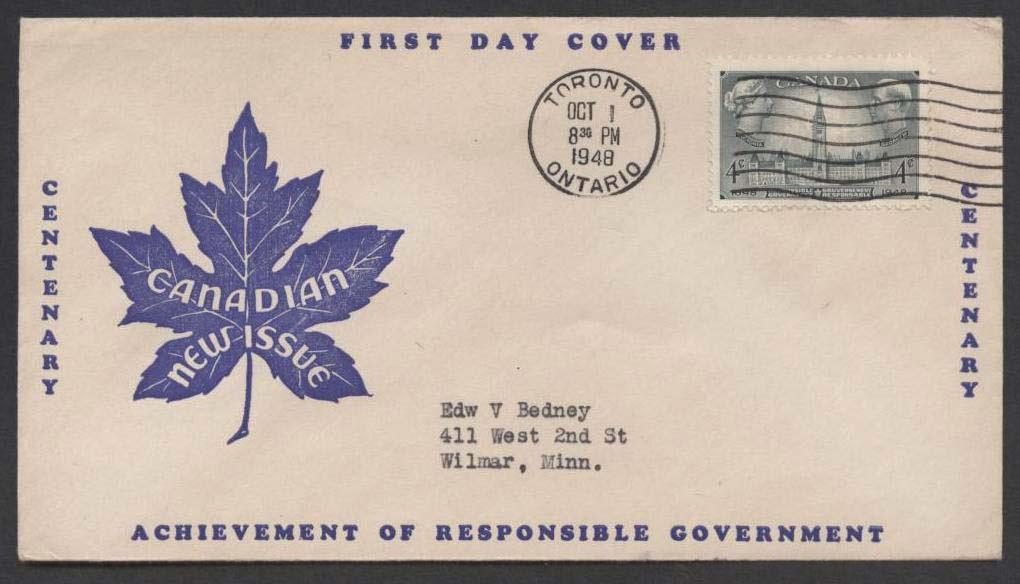 FDC No.: 277.503 (Baron #19) Frank Herget Description: This blue cachet has a generic component, the maple leaf with CANADIAN NEW ISSUE, at left centre.