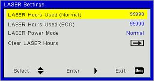 User Controls Options LASER Settings LASER Hours Used (Normal) Display the projection time of normal mode. LASER Hours Used (ECO) Display the projection time of ECO mode.