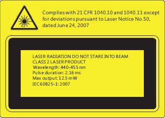 Appendices otice CLASS 1 LASER PRODUCT IEC 60825-1:2014. - This projector is a Class 2 laser device that conforms with IEC 60825-1:2007 and CFR 1040.10 and 1040.11.