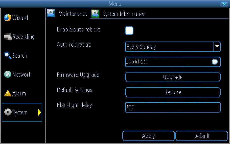 System: Maintenance & System Information NVW-470 NVW470K8010010004000000 Enable auto reboot: To maintain the operational integrity of the device, it is suggested that it be rebooted periodically.