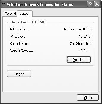2. Right-click the Wireless Network Connection icon and select Status. Then click the Support tab.