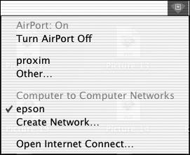 9. Click the AirPort icon on the menu bar at the top of the Macintosh desktop. You see the AirPort status menu: 10. Check to make sure AirPort is turned on. 11.