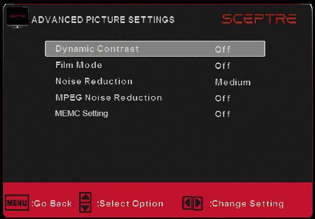 V. ADVANCED PICTURE SETTINGS i. DYNAMIC CONTRAST This feature allows the Display to automatically adjust the contrast of the Display depending on the picture you are viewing. ii.