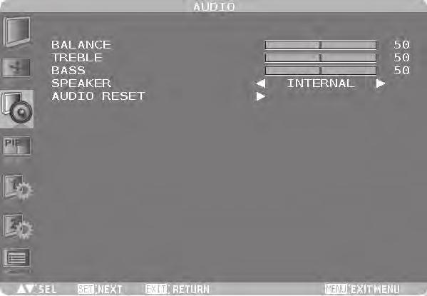 54 How to Use Audio Audio Mode BALANCE TREBLE BASS Description You can adjust the balance of the right and left volumes. Press the PLUS (+) button to decrease the left volume.