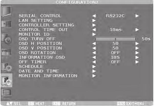 58 How to Use Configuration 2 Configuration 2 Mode SERIAL CONTROL Description Select the communication interface (RS-232C, OPS (OPS-compliant computer), or LAN) for the serial communication function.