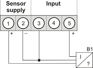 Measurement of a voltage signal (0-5 V or 0-10 V) from a 3-wire transmitter using the sensor supply 24 VDC.