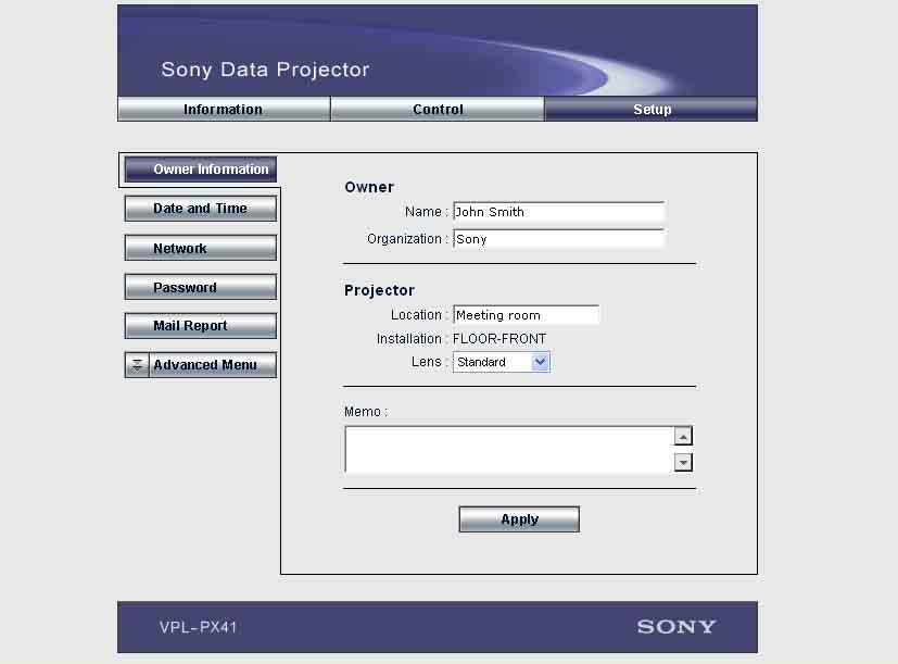 Click Apply in the lower part of each window to update the projector to the data input in each window.