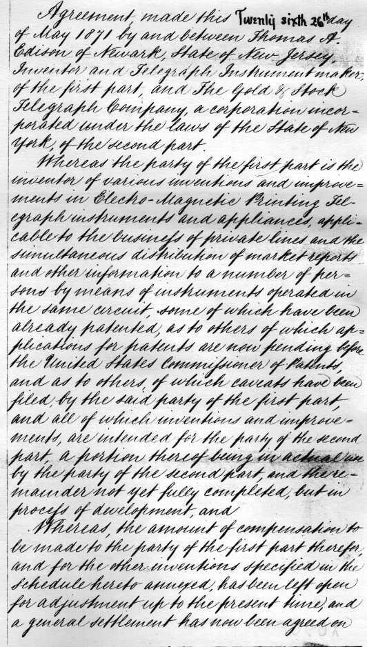 -164- Agreement with Gold and Stock Telegraph Co. [New York,] May 26, 1871* Agreement, made this Twenty sixth 26th b day of May 1871 by and between Thomas A.