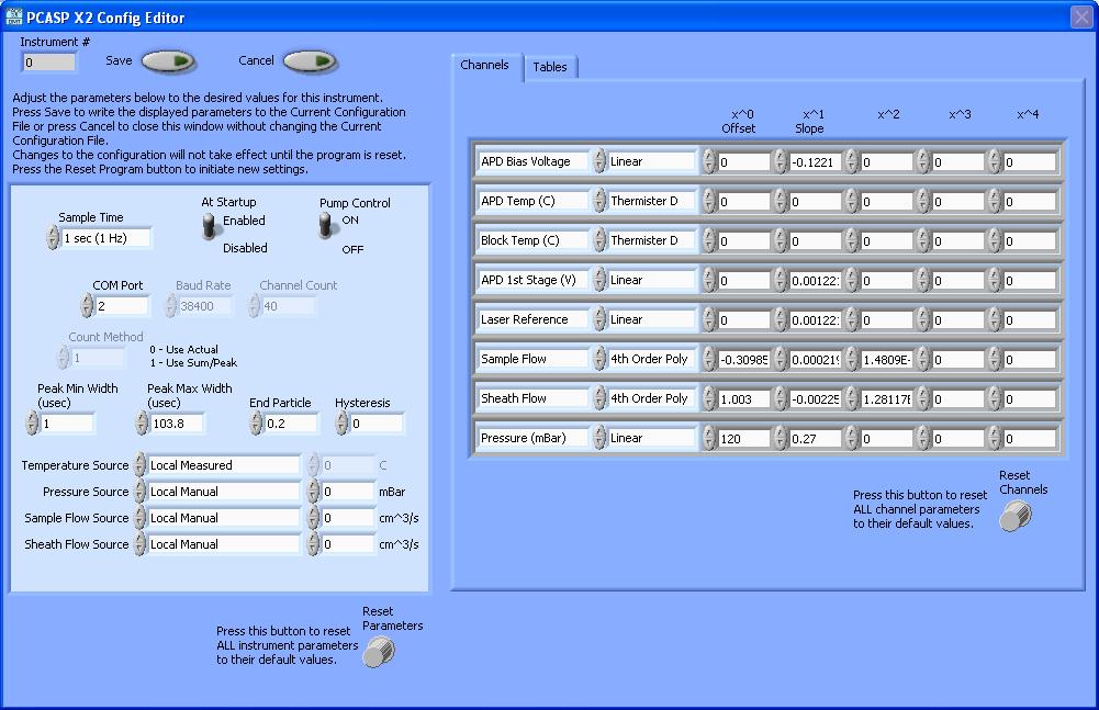 Figure 1: PCASP-X2 Configuration Editor Window 3. Now you can configure the instrument parameters to your desired specifications. See the definitions below for explanations of individual parameters.