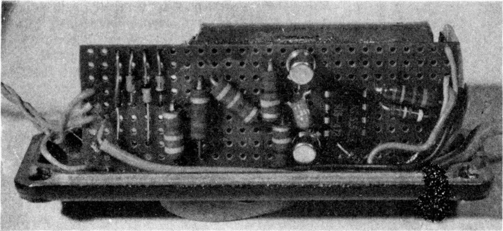 Close-up view of the component layout on the Veroboard. Refer to the layout diagram (Fig. 2) for the positions of the breaks required in the tracks.
