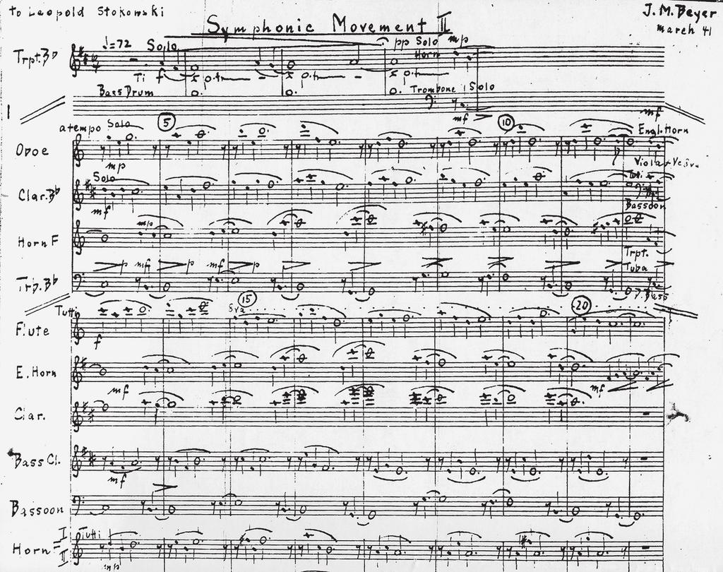 Symphonic Movement II, first movement, excerpt; manuscript held in the Music Division, New York Public Library for the Performing Arts. dynamic swells.