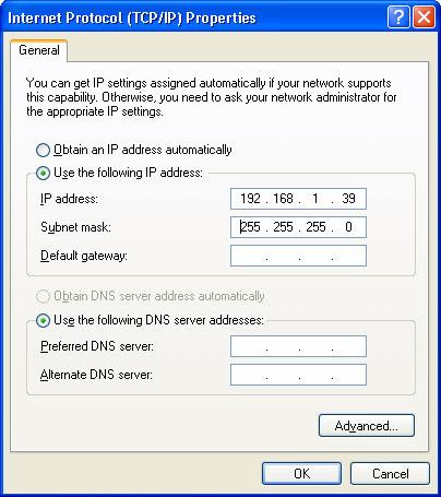 Select Use the following IP Address, and fill in the details as shown in Figure 5. 7. Click OK. Figure 5: Internet Protocol (TCP/IP) Properties Window 7.4.