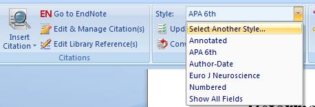 EndNote Basics 2 Reformat a Bibliography 1. Choose Select Another Style from the Style pull-down menu. 2. Choose a style from the list and click OK.