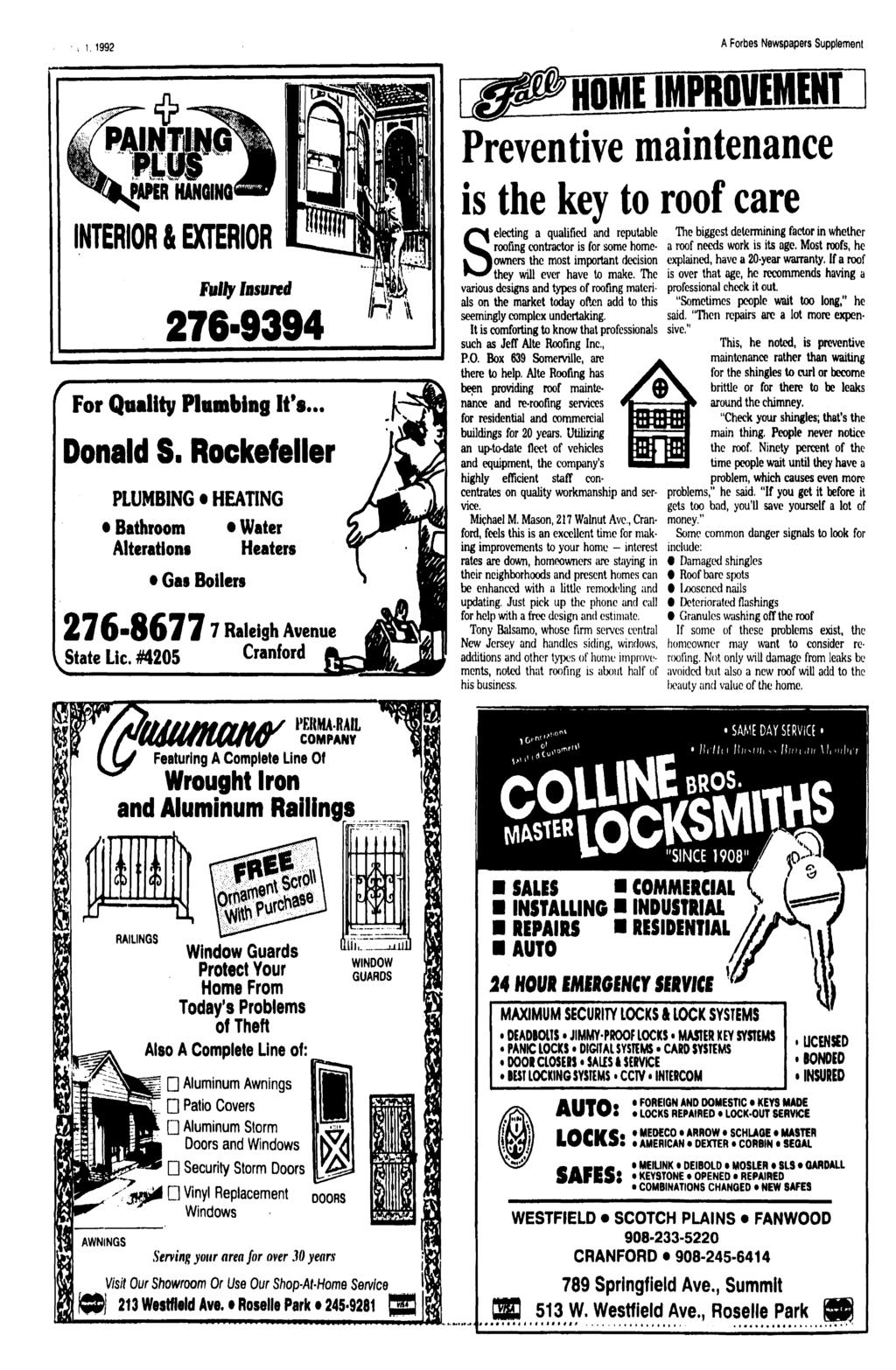 1992 A Forbes Newspapers Supplement HOME MPROVEMENT 11 Preventive maintenance NKRNWUW NTEROR & EXTEROR Fully nsured 276-9394 [ For Quality Plumbing t's Donald S.