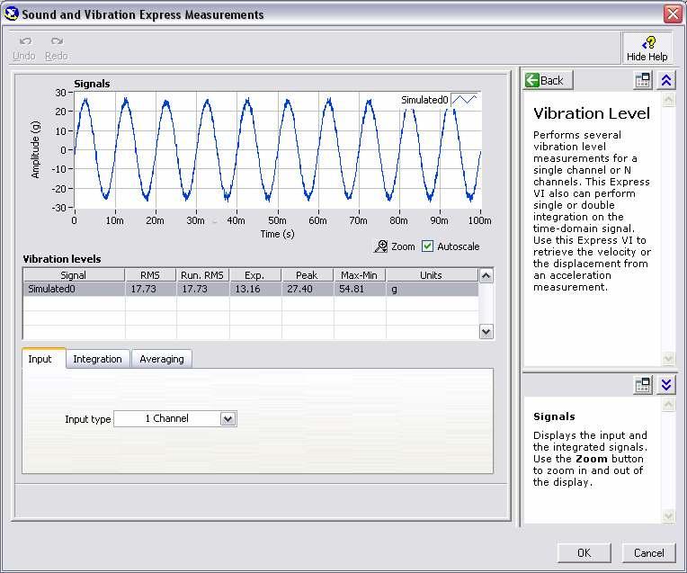 Figure 2-6. Configuration window of the Vibration Level Express VI 3. Go to the Integration tab and make sure that Integration Type is None.