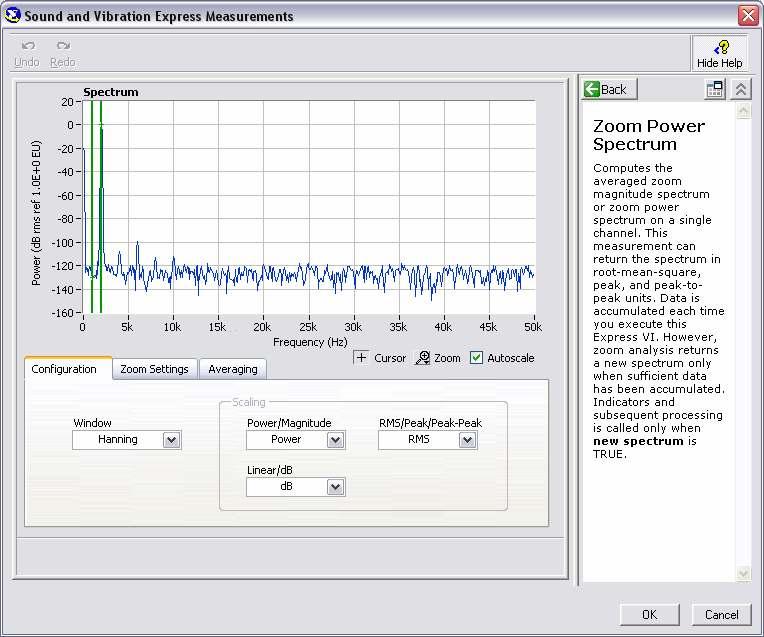 Figure 3-8. Configuration window of Zoom FFT Express VI Make sure that the scaling is selected as Power and db.