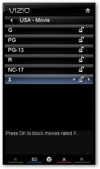USA-Movie Note: When Rating Enable is OFF, USA-Movie Rating adjustments are not enabled.