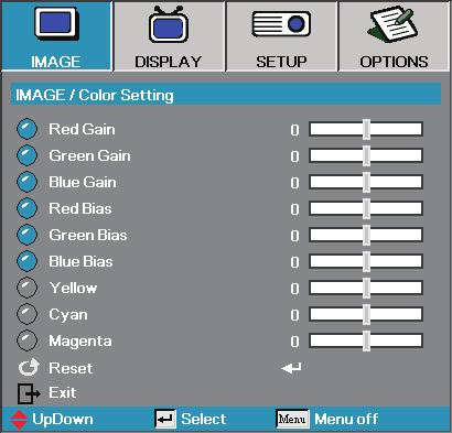 Image Color Setting User Controls Gain Set RGB gain for the following colors: 4 Red increase or decrease the gain value for red. Green increase or decrease the gain value for green.