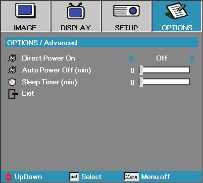 User Controls Options Advanced Direct Power On Enable or disable Direct Power On. 4 On the projector powers on automatically when AC power is supplied.