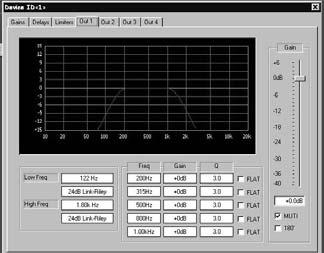 CREATING A PROGRAM 9.4 OUT 1, OUT 2, etc. Each tab selects an output channel. Use this screen to program crossover frequencies, filter type, and up to five parametric EQ s.