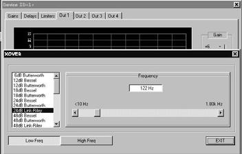 5 Crossover Filters: [insert screen shot of PEQ filet settings screen] The Low and High frequencies set the frequency bandwidth for the selected channel of the crossover.