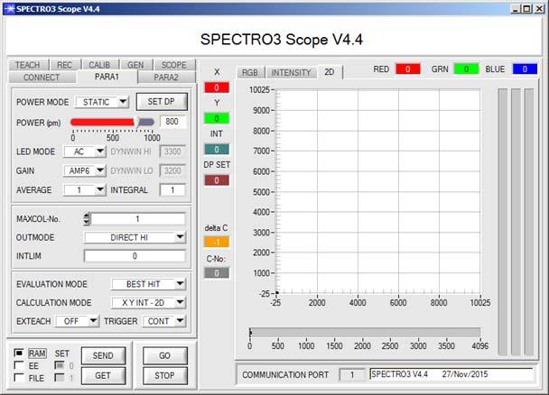 Parameterization Windows user interface: The color sensor is parameterized under Windows with the SPECTRO3-Scope software.