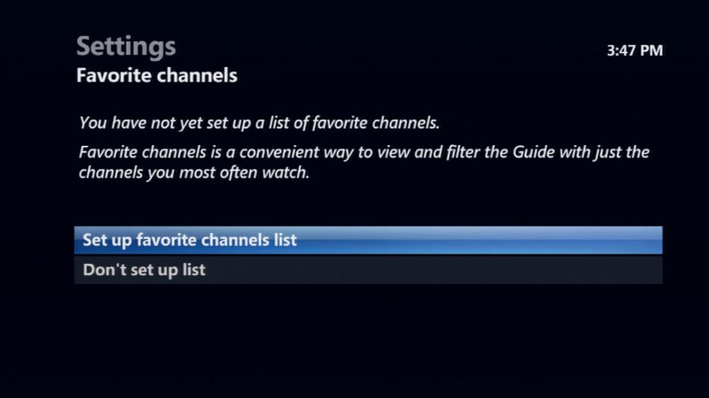 To change your Favorites, see HOW TO CHANGE YOUR FAVORITE CHANNELS LIST. To hide a channel that is currently in the Guide, highlight the channel, and press OK.