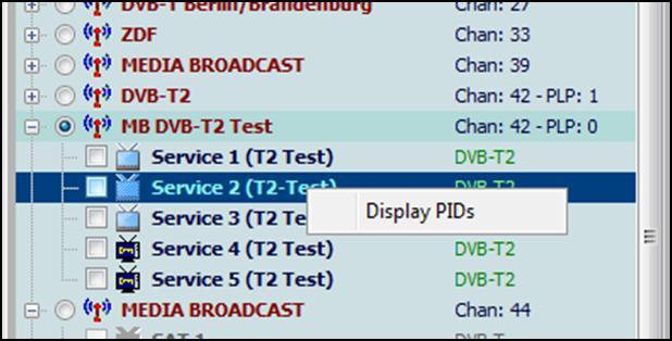 Figure 37 : Display PIDs Pop-Up Menu A window gets opened which lists all PIDs for the selected program service.