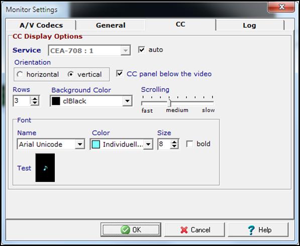 4.3.4.3 Closed Captioning Settings The tab 'CC' provides several settings to configure the display of the closed captioning service.