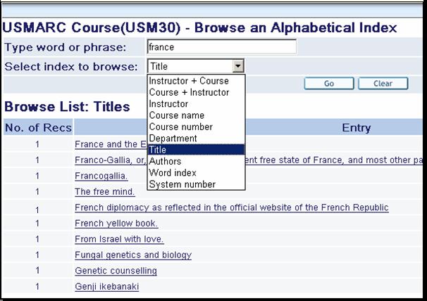 The Course Reading library is a standard base to be searched by users with dropdown Search and Browse options suited to the Course Reading OPAC.