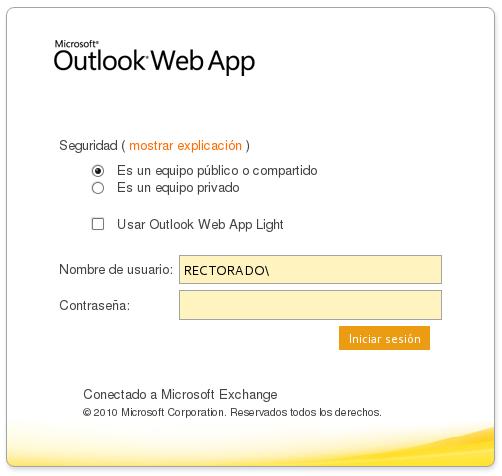 Se o prefire, marque a casilla "Usar Outlook Web App Light" para cargar un cliente de correo web máis ligero, consecuentemente con menos opcións pero máis rápido.