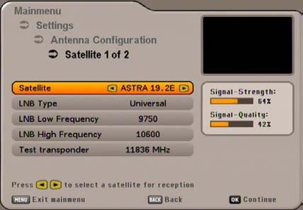 Single-Cable Systems. Number of satellites Use the buttons to select how many satellites (max. 2) you would like to receive with your reception system. Press the button to move to the next menu item.