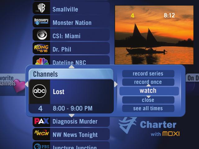 Remote online scheduling You can easily program your Moxi DVR from anywhere by going to charter.net. To record a show through Charter.net: 1 Log in to Charter.
