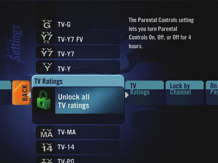 Locking by content You can use Parental Controls to lock specific channels. When you lock a channel, a Lock icon appears next to it in the Lock by Channel menu, and in the Moxi Menu Channels category.