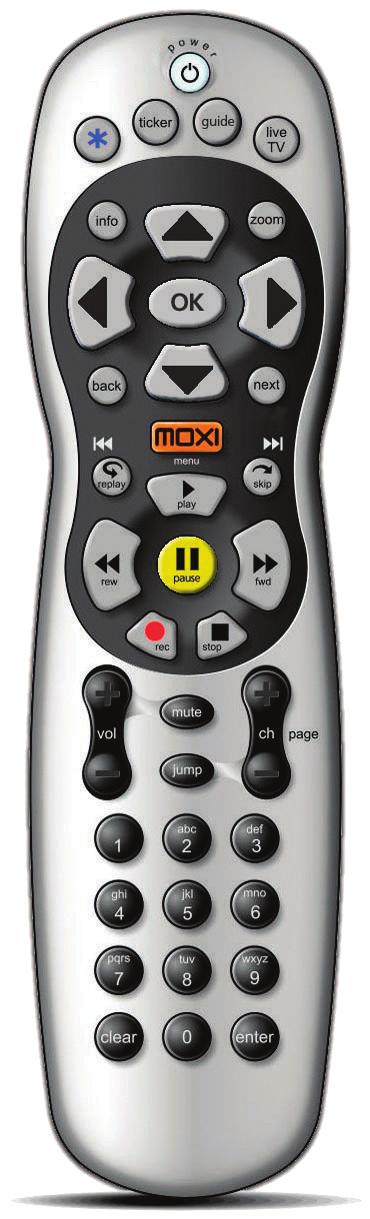 Introducing your new Moxi remote Interactive Program Guide Turns the Moxi indicator on and off Locks and unlocks the Ticker Displays additional info Selects or activates item in center focus Shows
