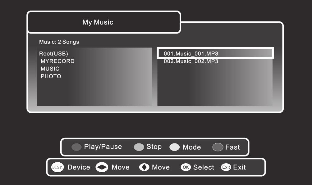 My Music Preparation 1. Press the SOURCE button and select DTV mode and then press the MEDIA button. 2. Press the buttons and then press the OK button to select My Music. Connections 3.