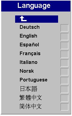 Language menu You can display the on-screen menus in German, English, Spanish, French, Italian, Norwegian, Portuguese, Japanese, Chinese, or Simplified Chinese.