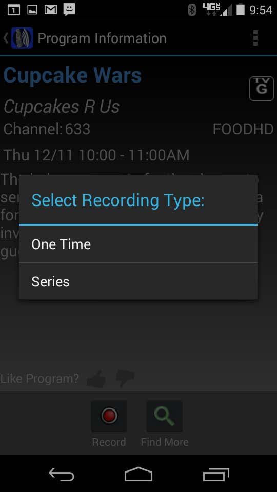 4. If you would like to record this program, click on the Record icon and a Select Recording Type window will appear.