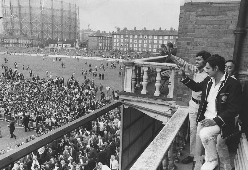 CRICKET 261 Indian skipper Ajit Wadekar and teammate B. S. Chandraserhar wave to cheering crowds at the Oval after India won the Test series against England, 24 August 1971.