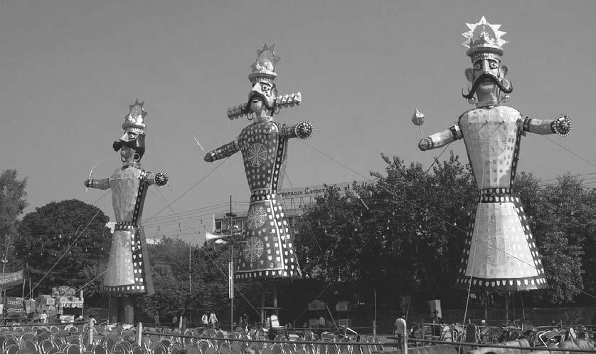 THEATER 43 Effigies of (from left to right) Meghnath, Ravana, and Kumbh Karan are ready for the celebration of Dussehra, the triumph of good over evil, where the giant-sized effigies created are then