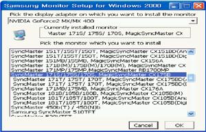 1. Insert CD into the CD-ROM drive. 2. Click "Windows XP/2000 Driver" 3. Choose your monitor model in the model list, then click the "OK" button. 4.